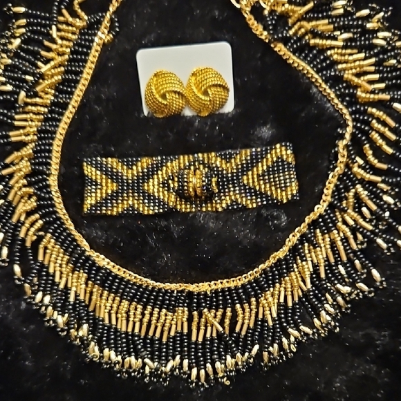 Jewelry - Gold + Black Beaded 15+3" Necklace Set with Matching Bracelet and Earrings